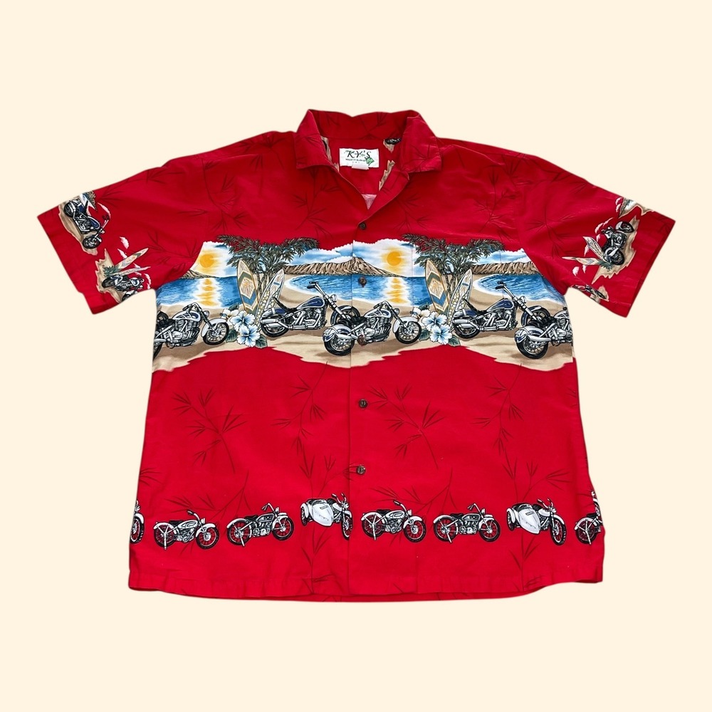 KY'S Made in Hawaii Mens XL Red Motorcycle‎ Beach Tropical Hawaiian Aloha Shirt